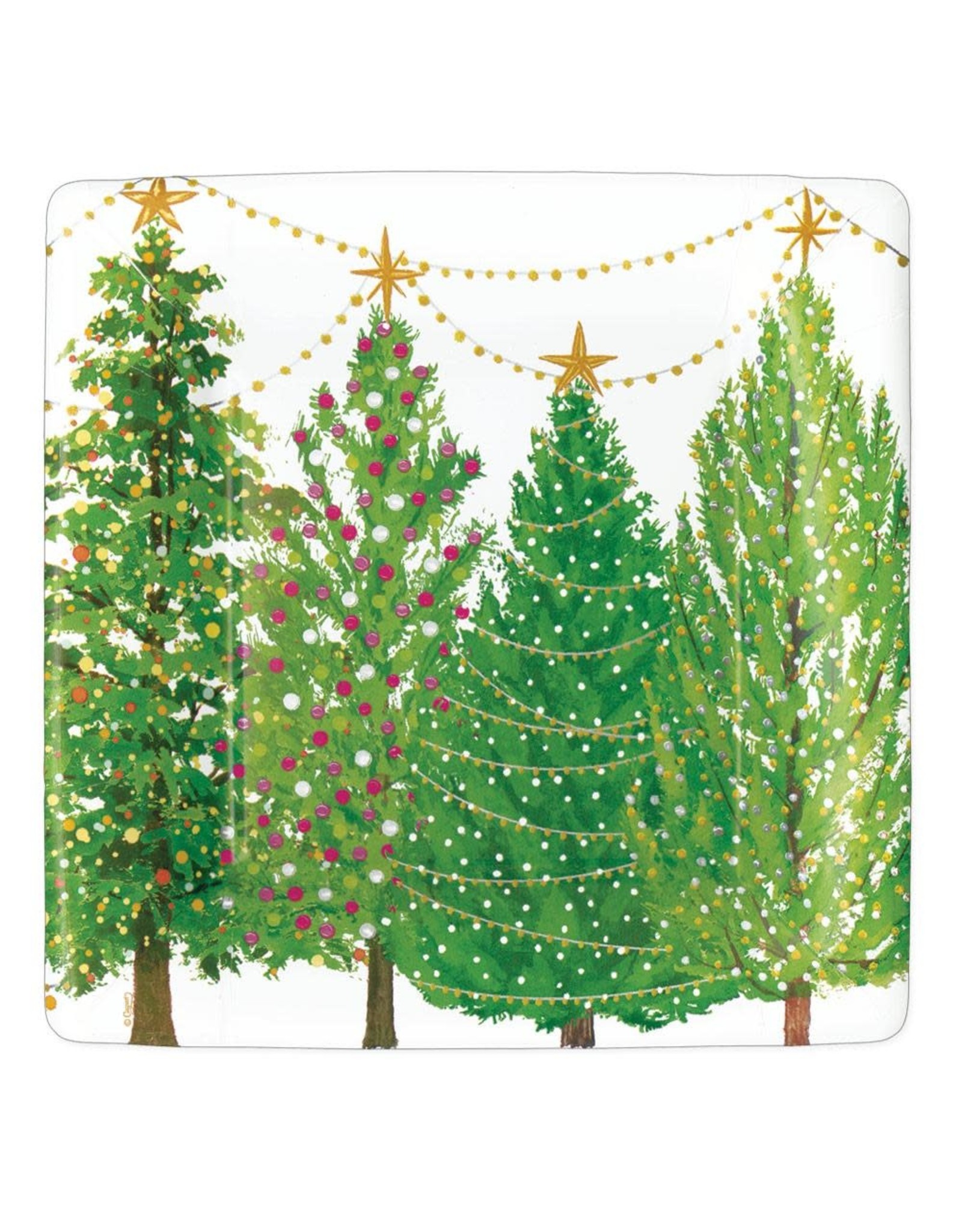 Caspari Christmas Trees With Lights Paper Salad Dessert Plates 8pk Square
