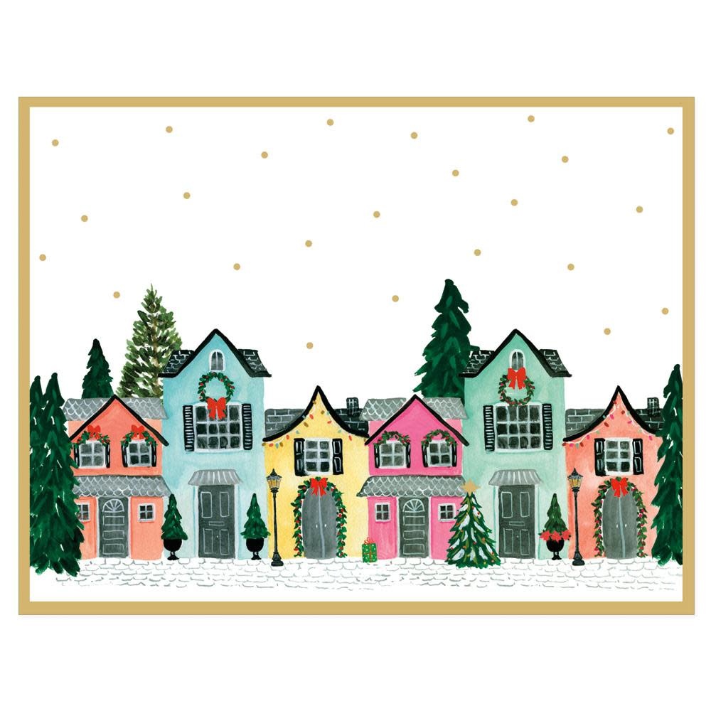Caspari Boxed Christmas Cards 10pk Embossed Decorated House With Foil