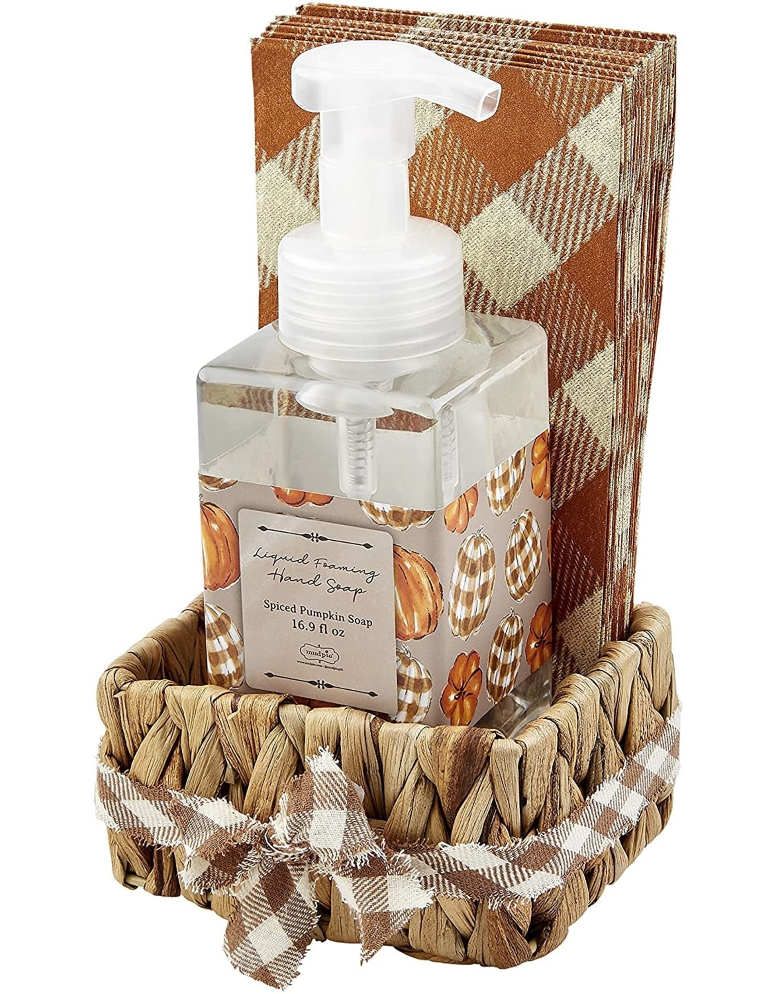 Mud Pie Spiced Pumpkin Hand Soap Buffalo Check Guest Towel Basket Set