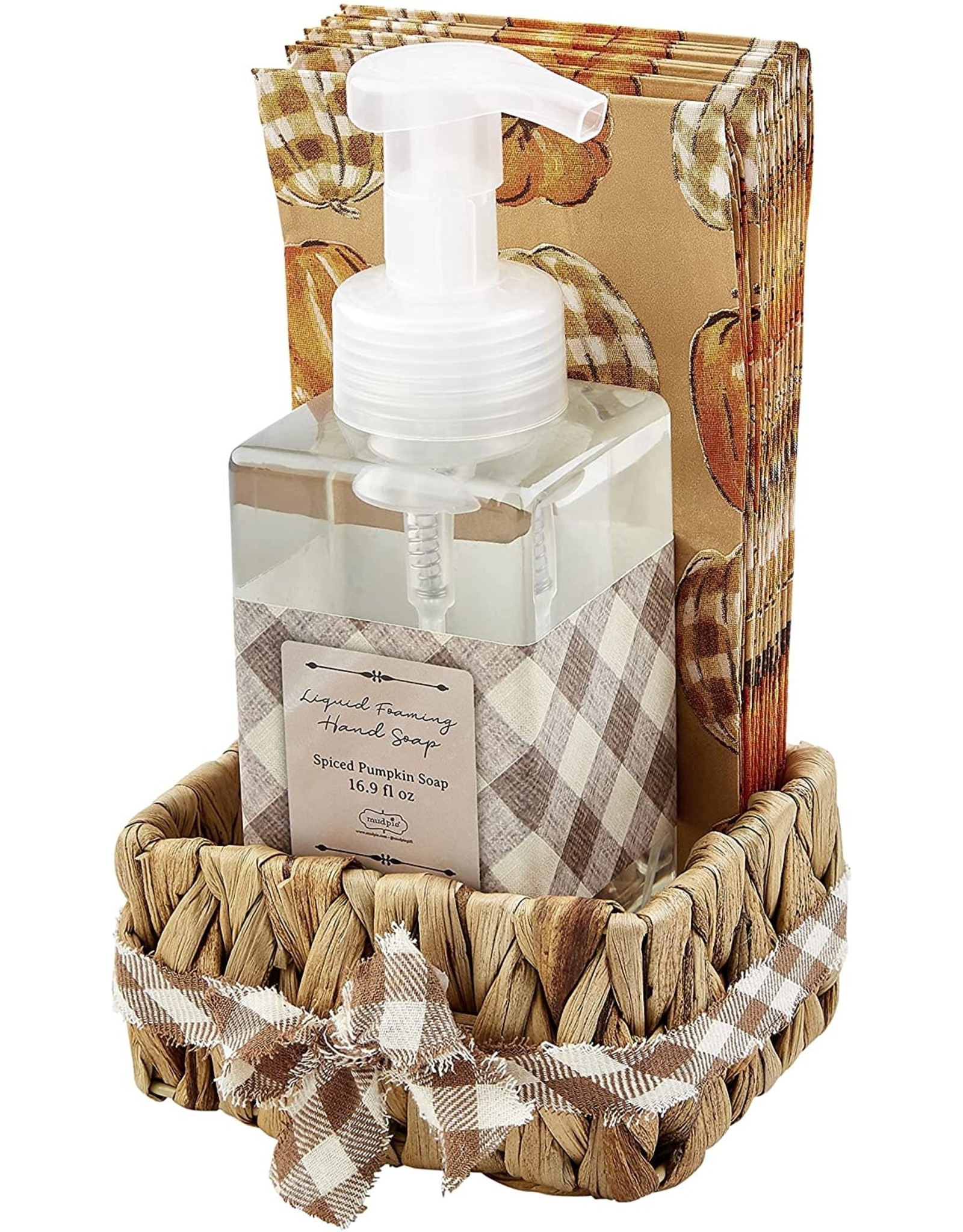 Mud Pie Spiced Pumpkin Soap And Pumpkin Guest Towel Basket Set