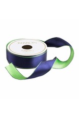 Caspari Navy And Green Reversible Satin Wired Ribbon 10 Yard Spool