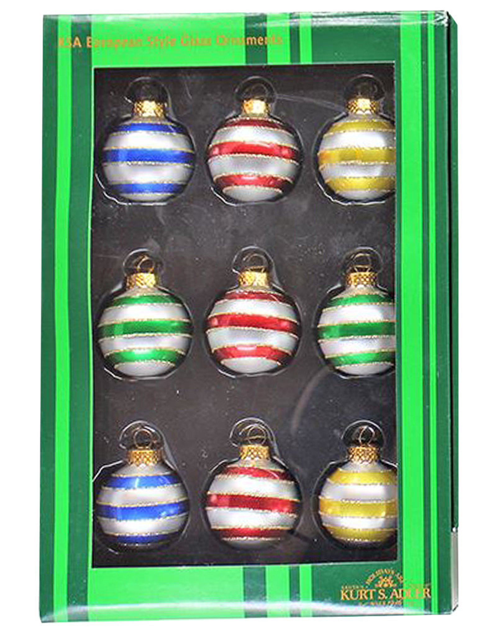 Kurt Adler Miniature Decorated Glass Ball Ornaments 35MM 9pk Striped