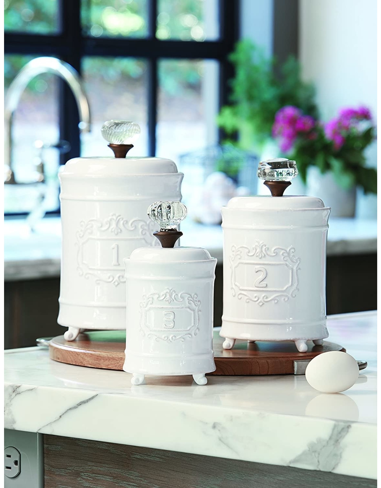 Mud Pie Ceramic Kitchen Canisters 3pc Set W Glass Door Knob Handle Lid