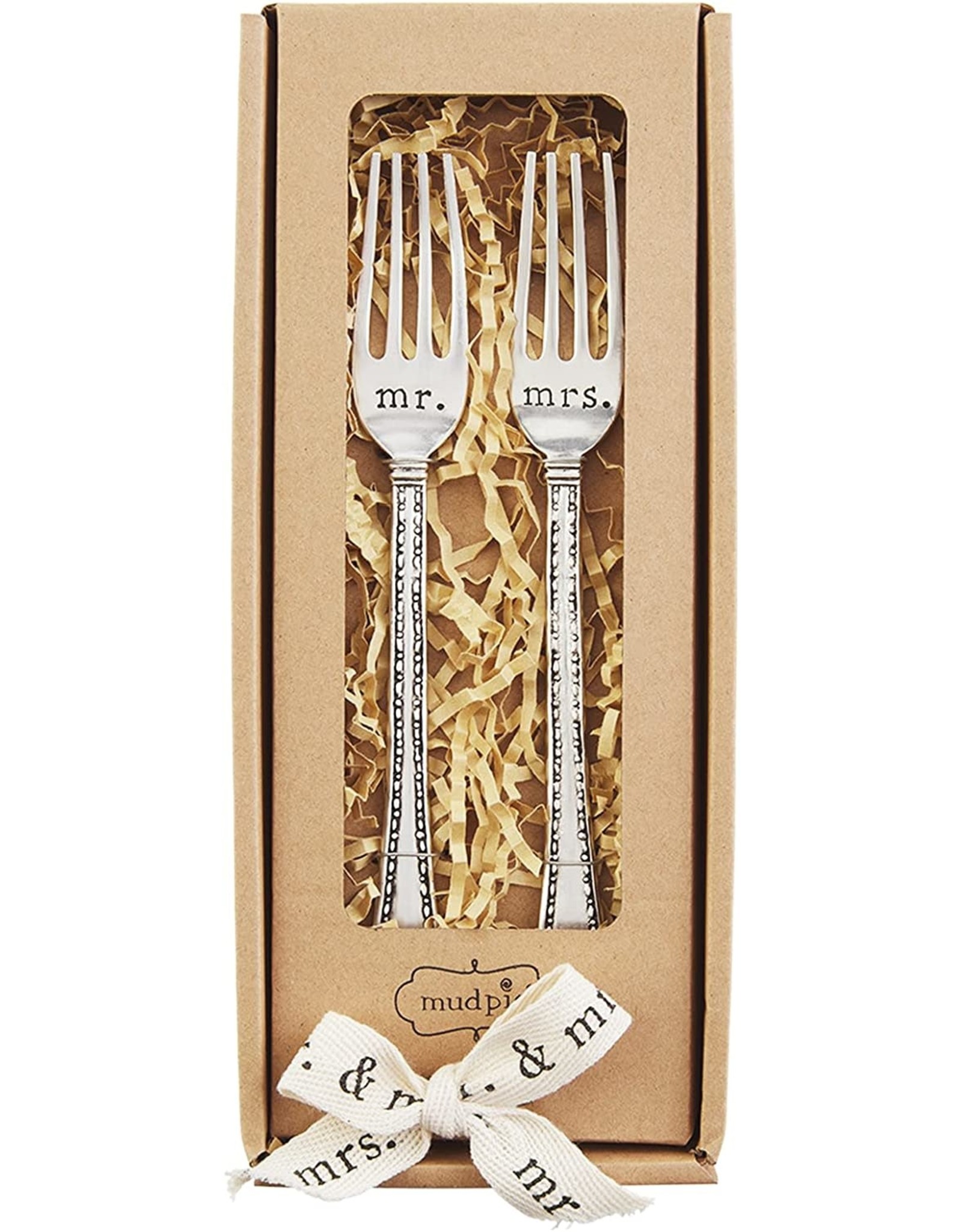 Mud Pie Mr And Mrs Wedding Cake Fork Set w 2 Stamped Silverplate Forks
