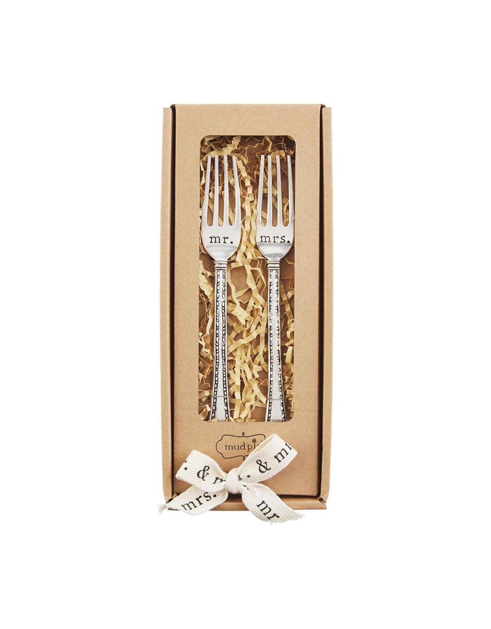 Mud Pie Mr And Mrs Wedding Cake Fork Set w 2 Stamped Silverplate Forks