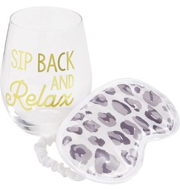 Mud Pie Sip N Snooze Wine Glass N Sleep Mask Gift Set Sip Back N Relax