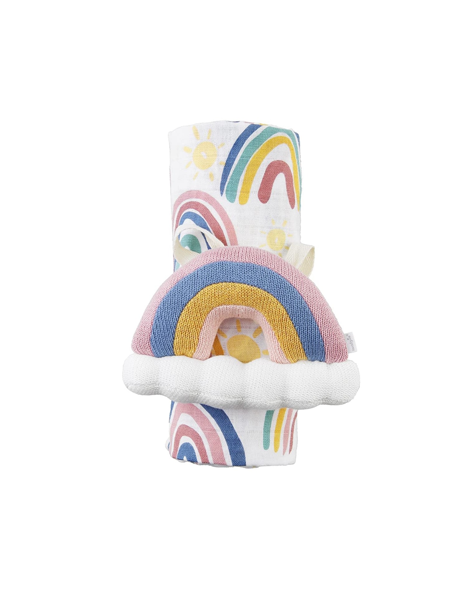 Mud Pie Baby Gifts Muslin Swaddle Blanket w Rattle Set | Rainbow