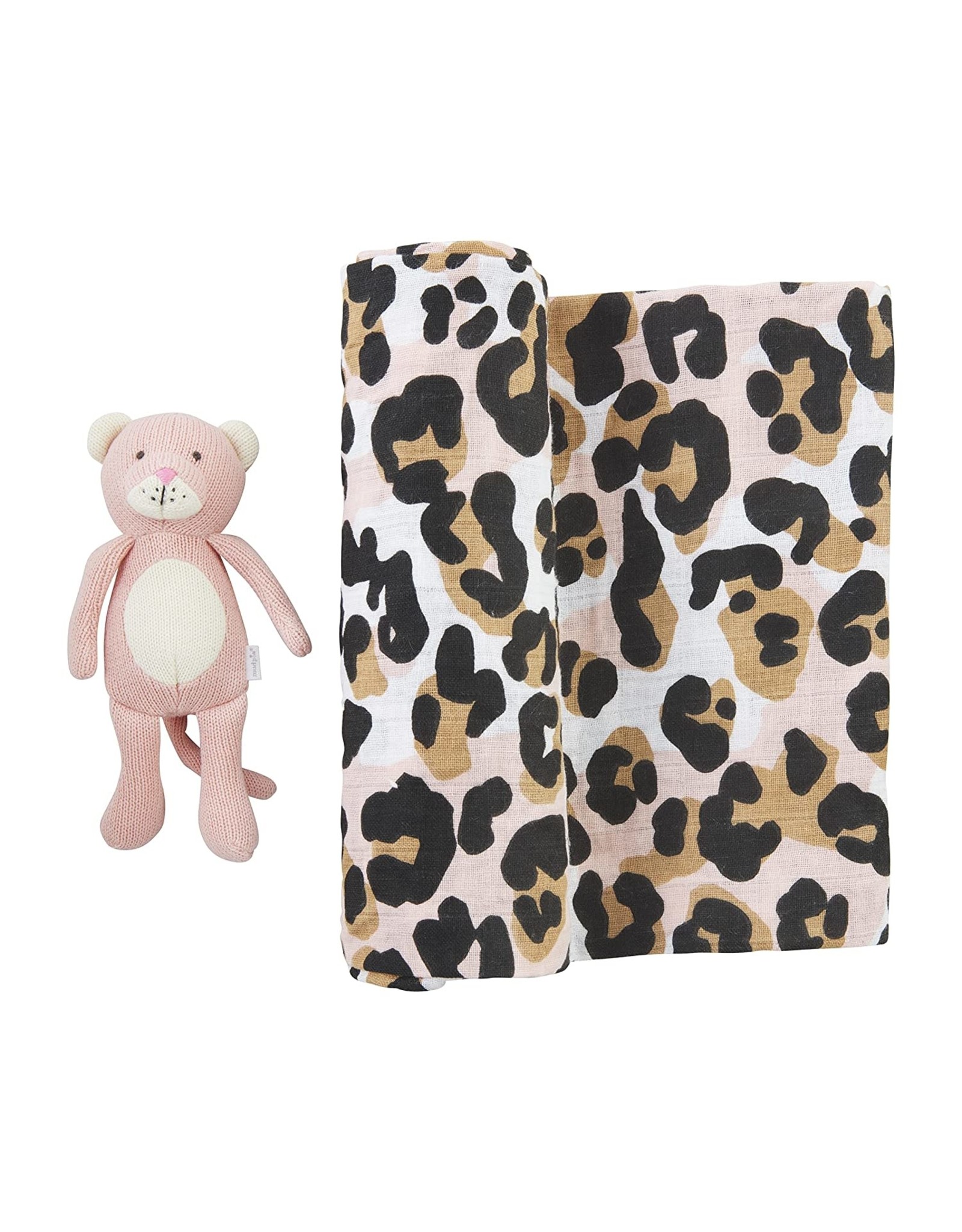 Mud Pie Baby Gifts Muslin Swaddle Blanket w Rattle Set | Leopard