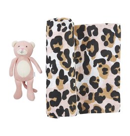 Mud Pie Baby Gifts Muslin Swaddle Blanket w Rattle Set | Leopard