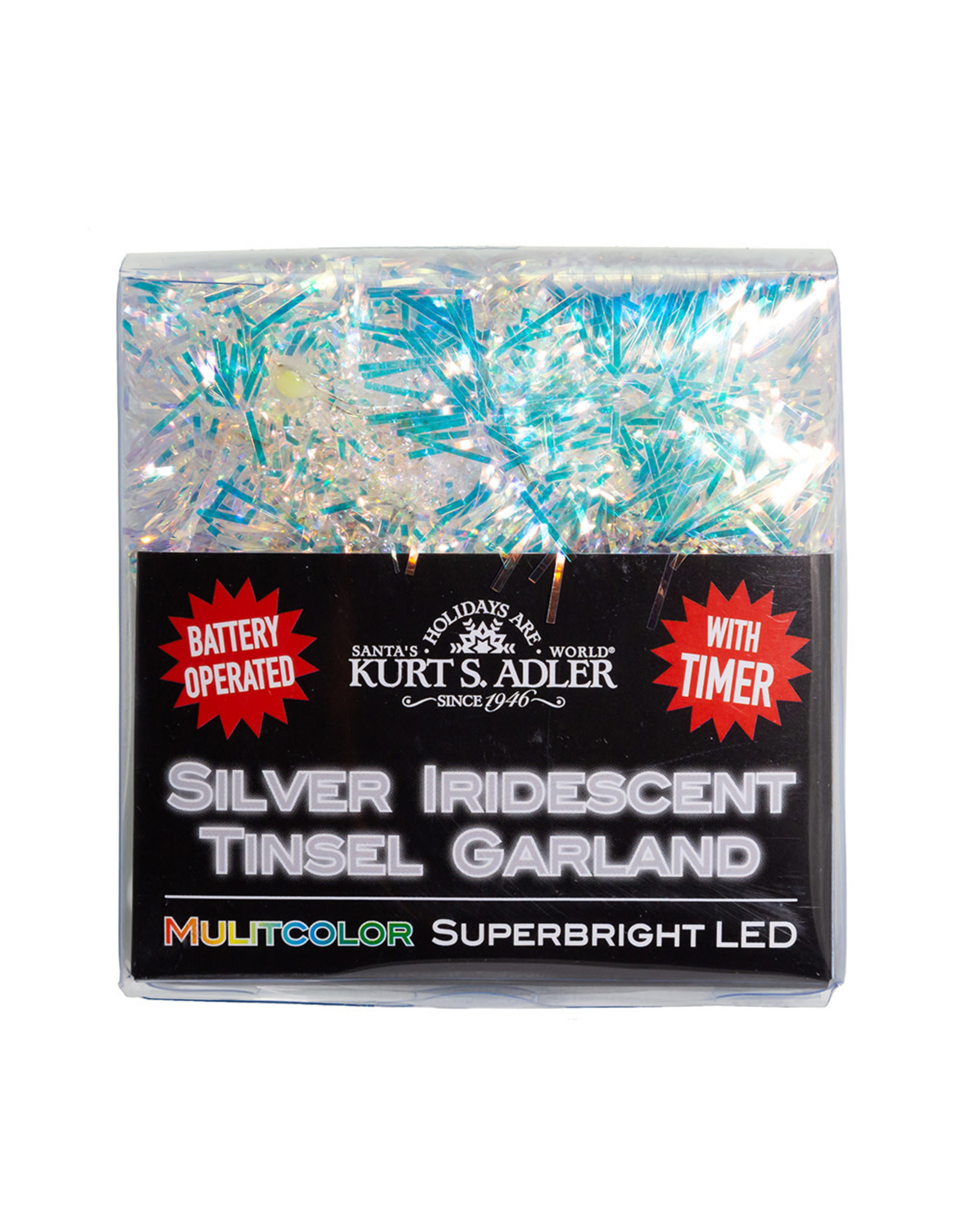 Kurt Adler Silver Iridescent Tinsel Garland 20L Bright LED Multicolor