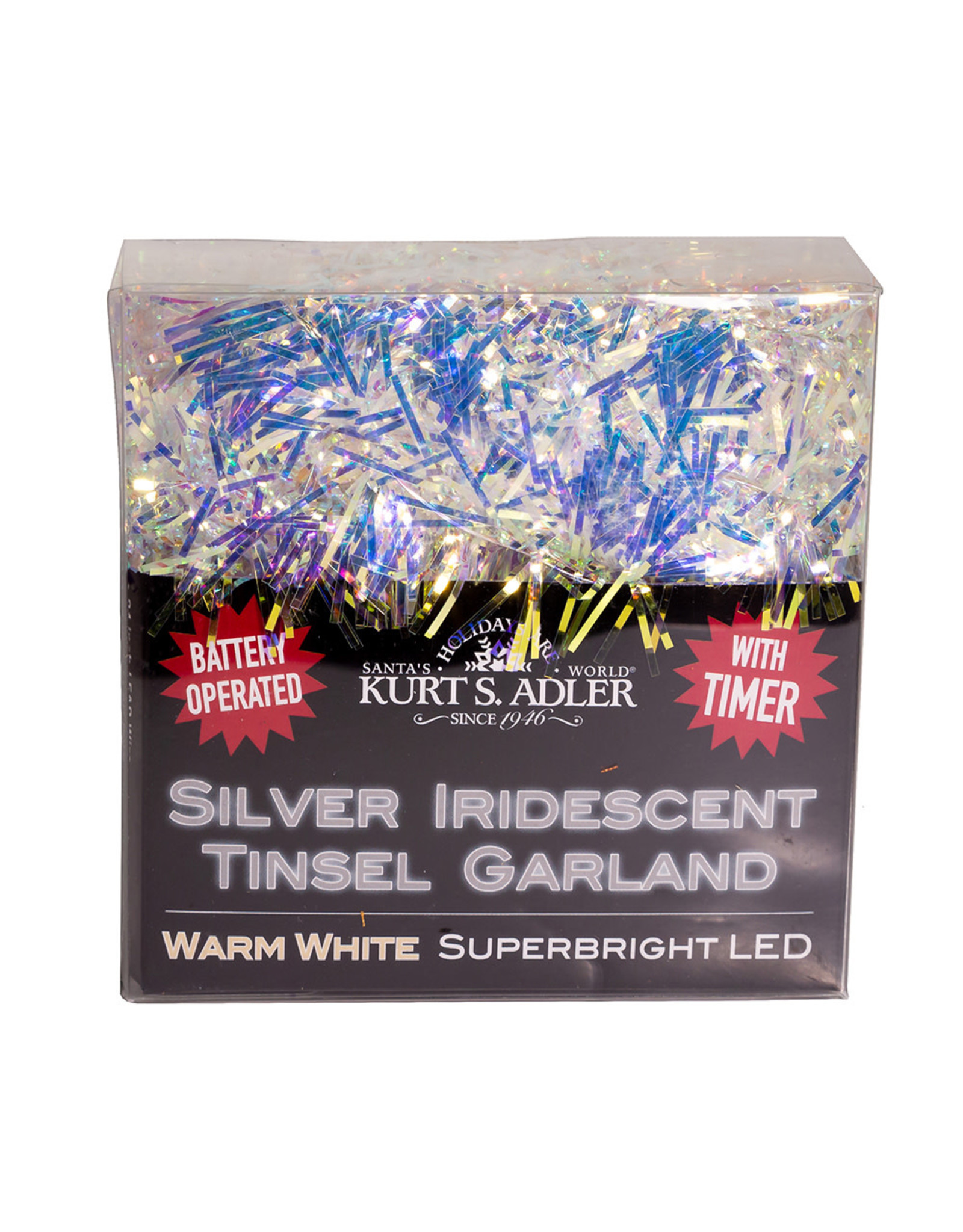 Kurt Adler Silver Iridescent Tinsel Garland 20L Bright LED Warm White