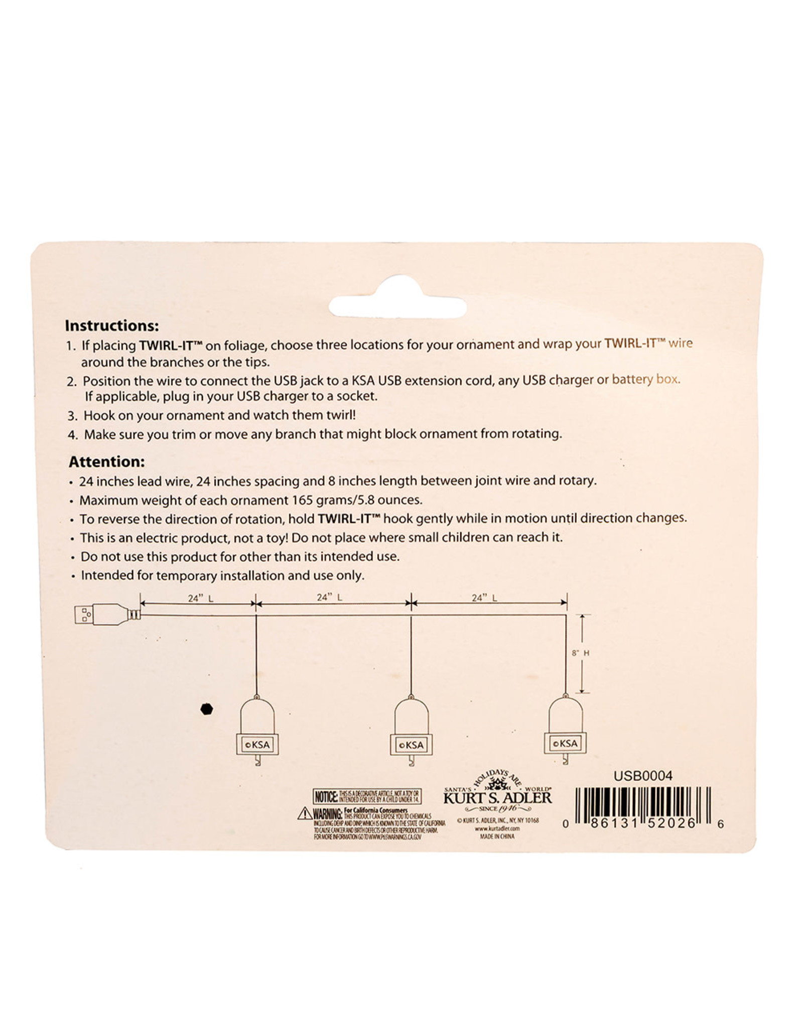Kurt Adler USB Triple Twirl-It With DC Motor Tree Ornament Spinner