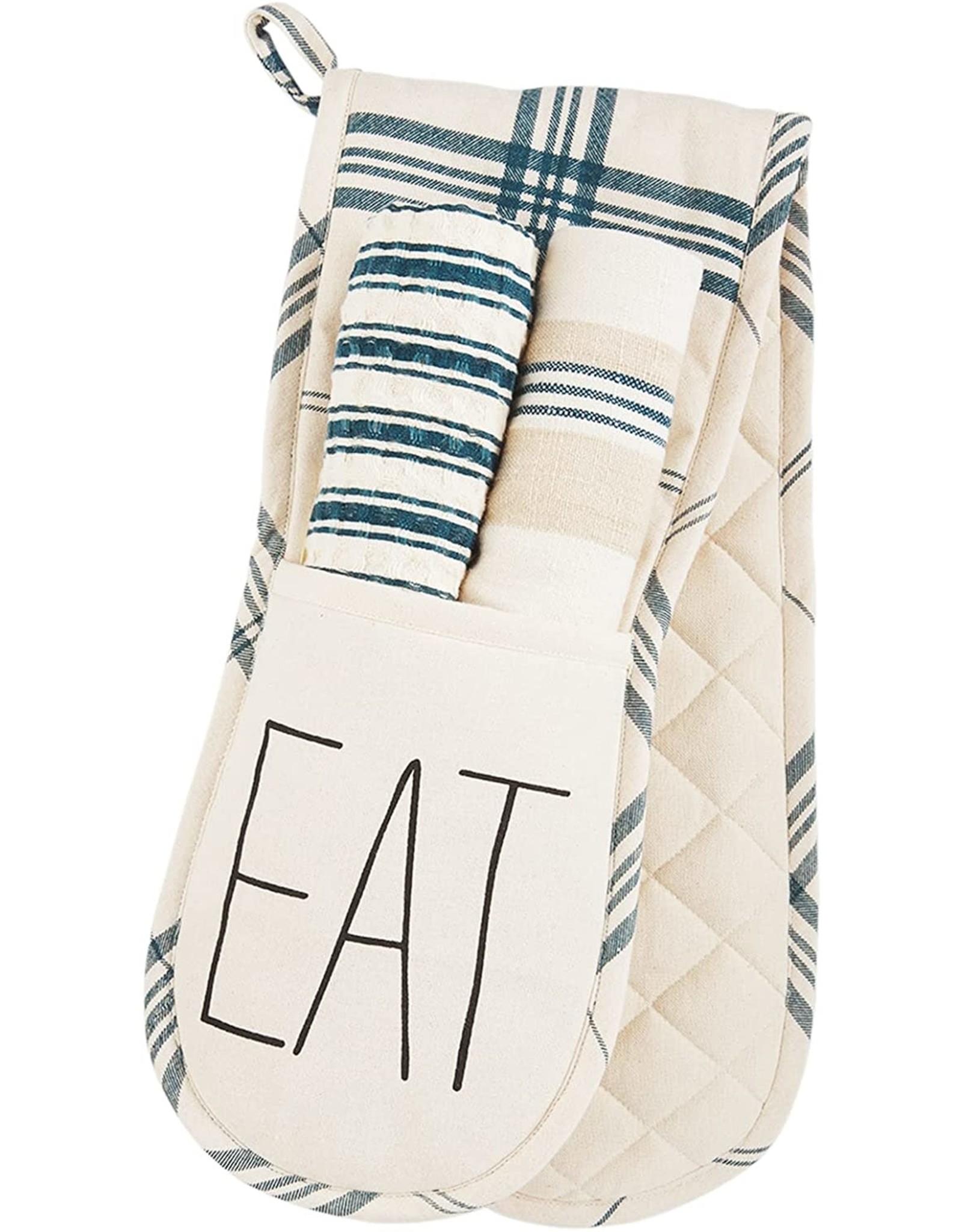 Mud Pie EAT Double Oven Mitt Set With 2 Hand Towels