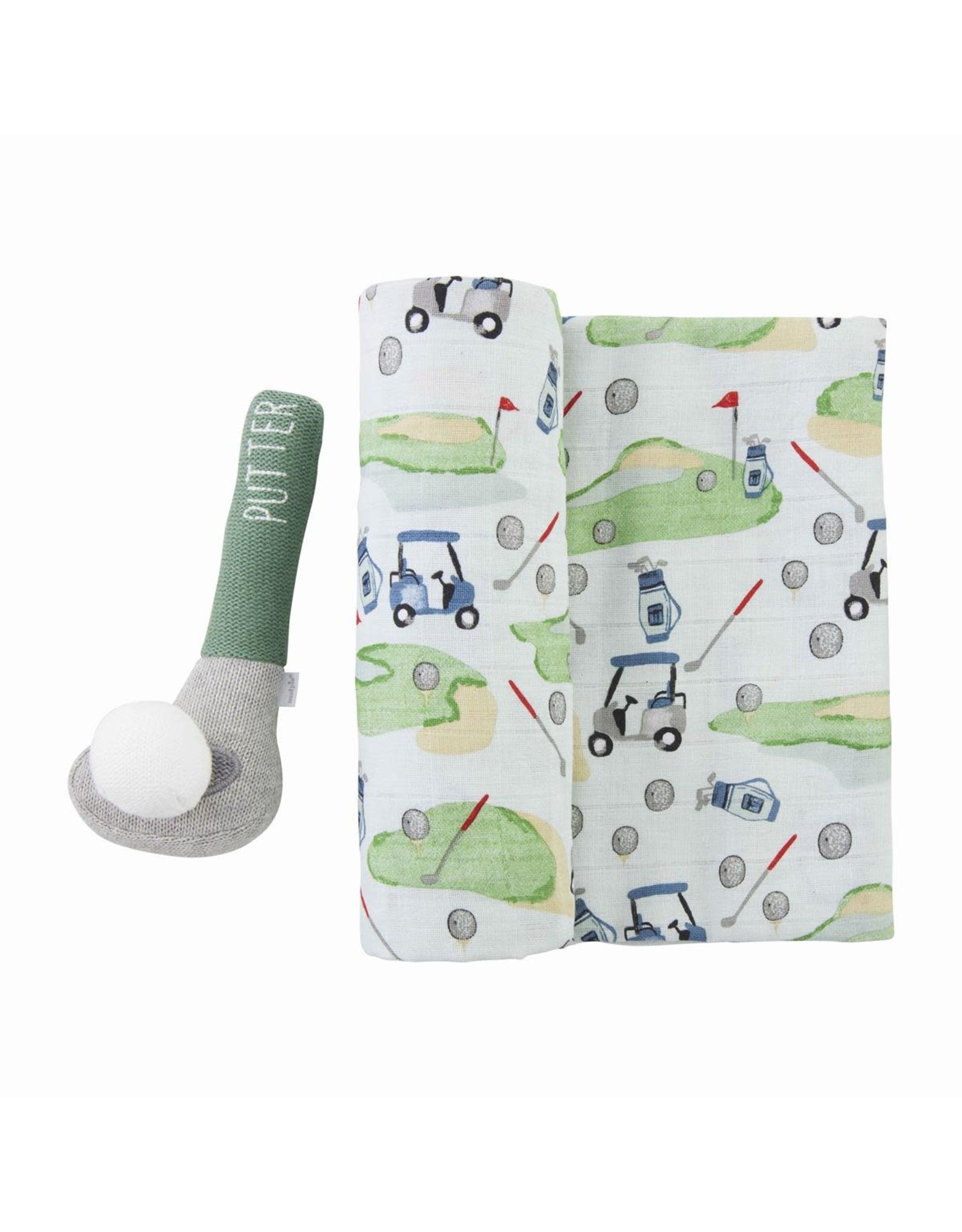 Mud Pie Baby Gifts Muslin Swaddle Blanket w Rattle Set | Golf
