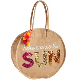Mud Pie Sequin Jute Tote With Here Comes The Sun