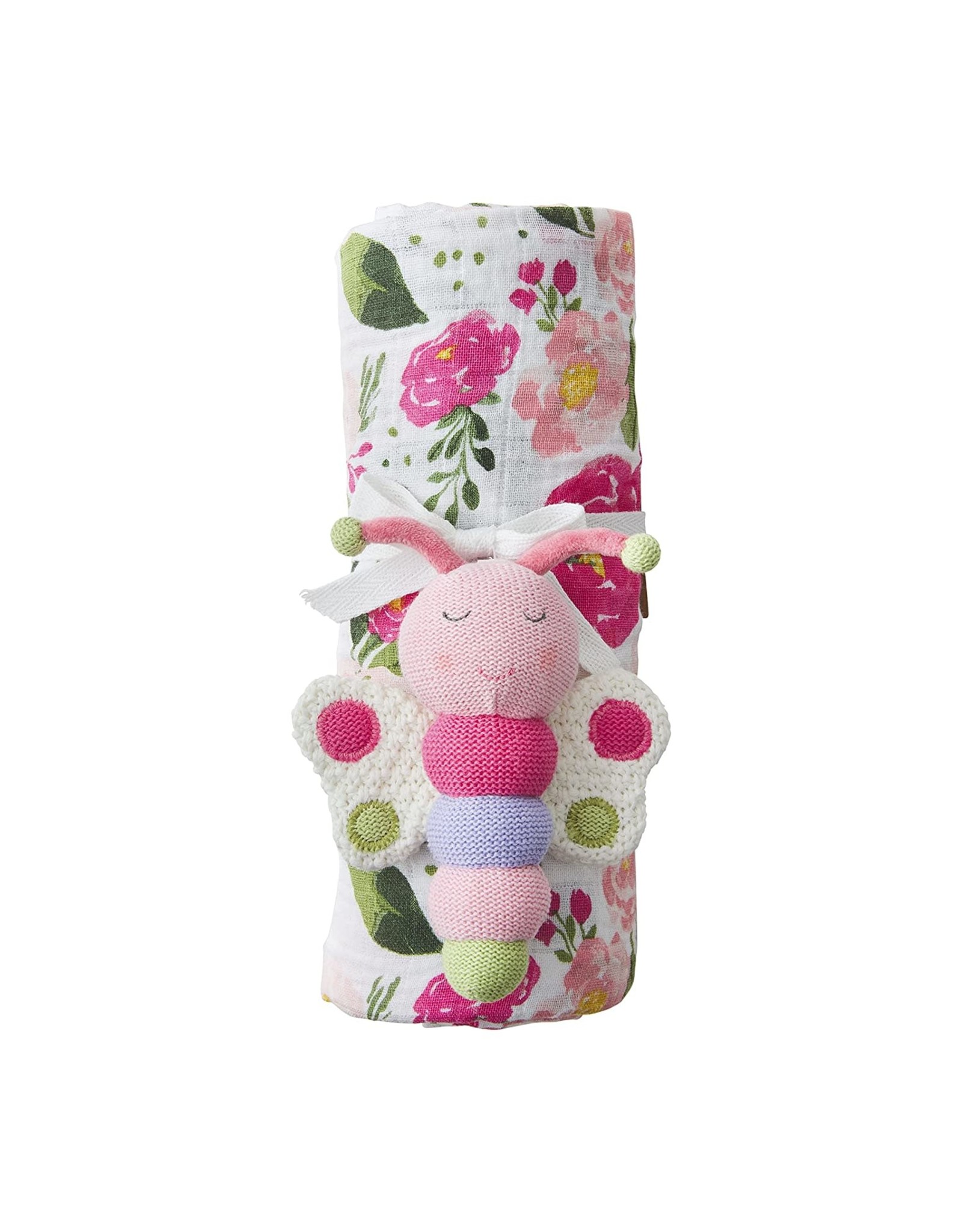 Mud Pie Baby Gifts Muslin Swaddle Blanket w Rattle Set | Floral
