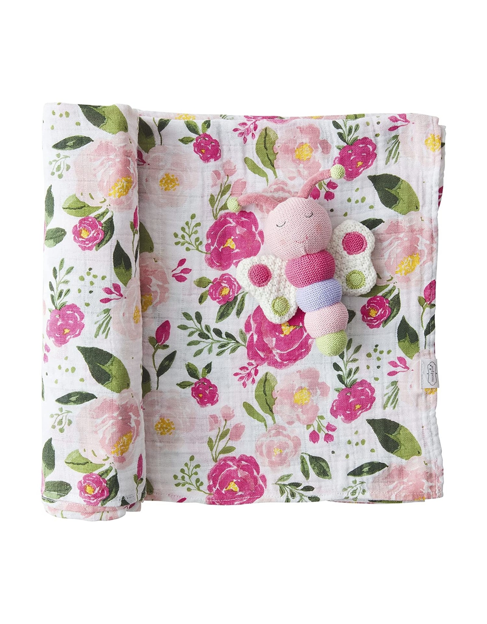 Mud Pie Baby Gifts Muslin Swaddle Blanket w Rattle Set | Floral