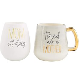 Mud Pie Mom Coffee Mug And Stemless Silicone Wine Glass Set Gray