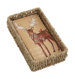 Mud Pie Reindeer Christmas Guest Towel Napkins In Basket Set