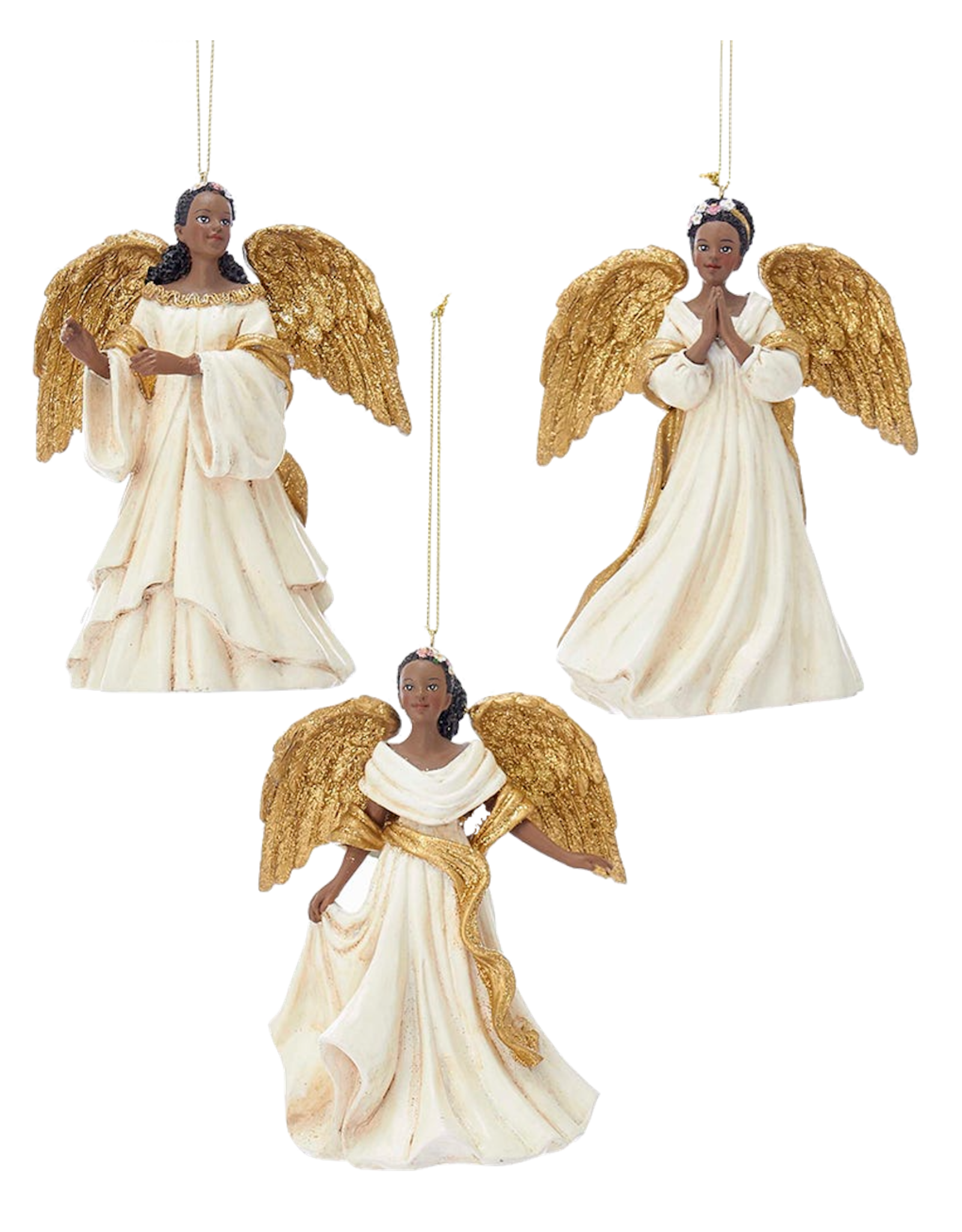 Kurt Adler Ivory n Gold Black African American Angel Ornaments 3pc Set