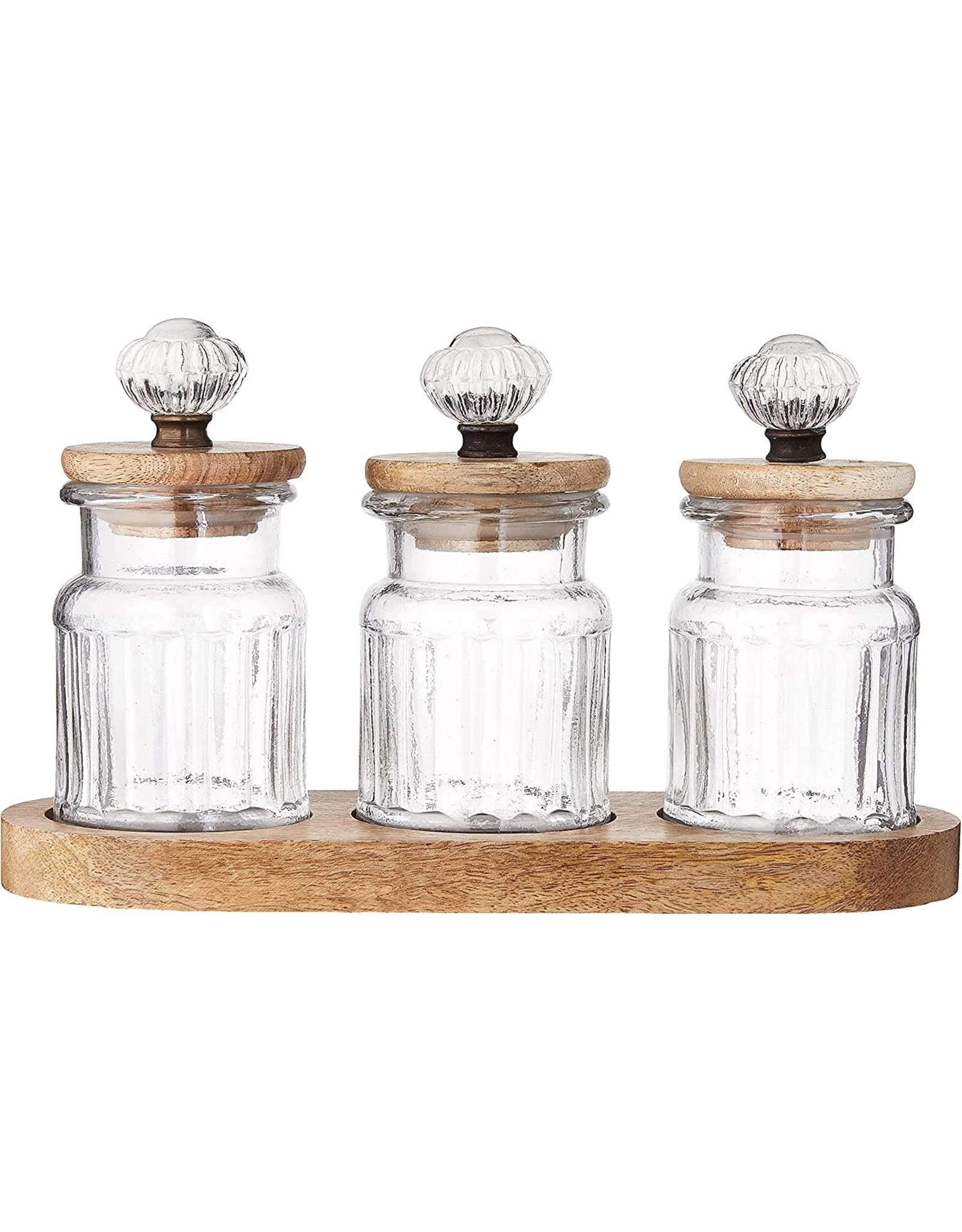 Mud Pie Door Knob Glass Condiment Canisters W Wooden Lids and Tray
