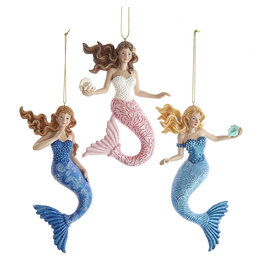 Kurt Adler Mermaid With Ocean Pattern Ornaments 3 Assorted