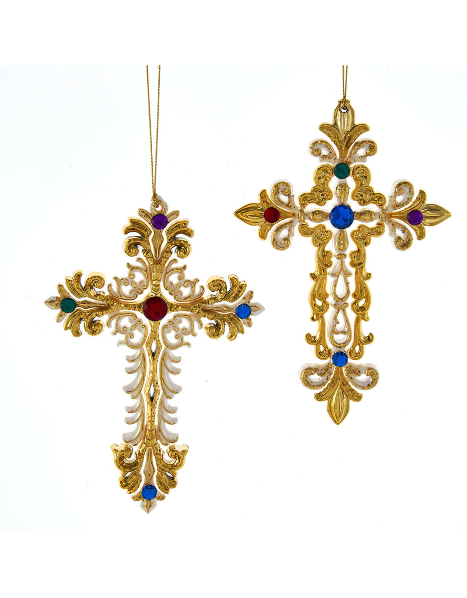 Kurt Adler White And Gold Jeweled Cross Christmas Ornaments 2 Assorted