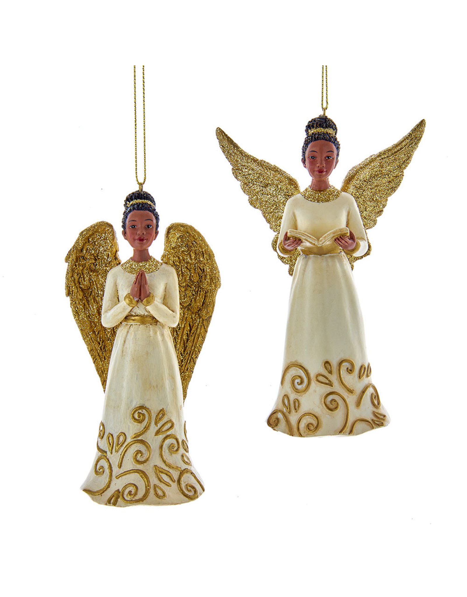 Kurt Adler Ivory n Gold Black African American Angel Ornaments 2pc Set