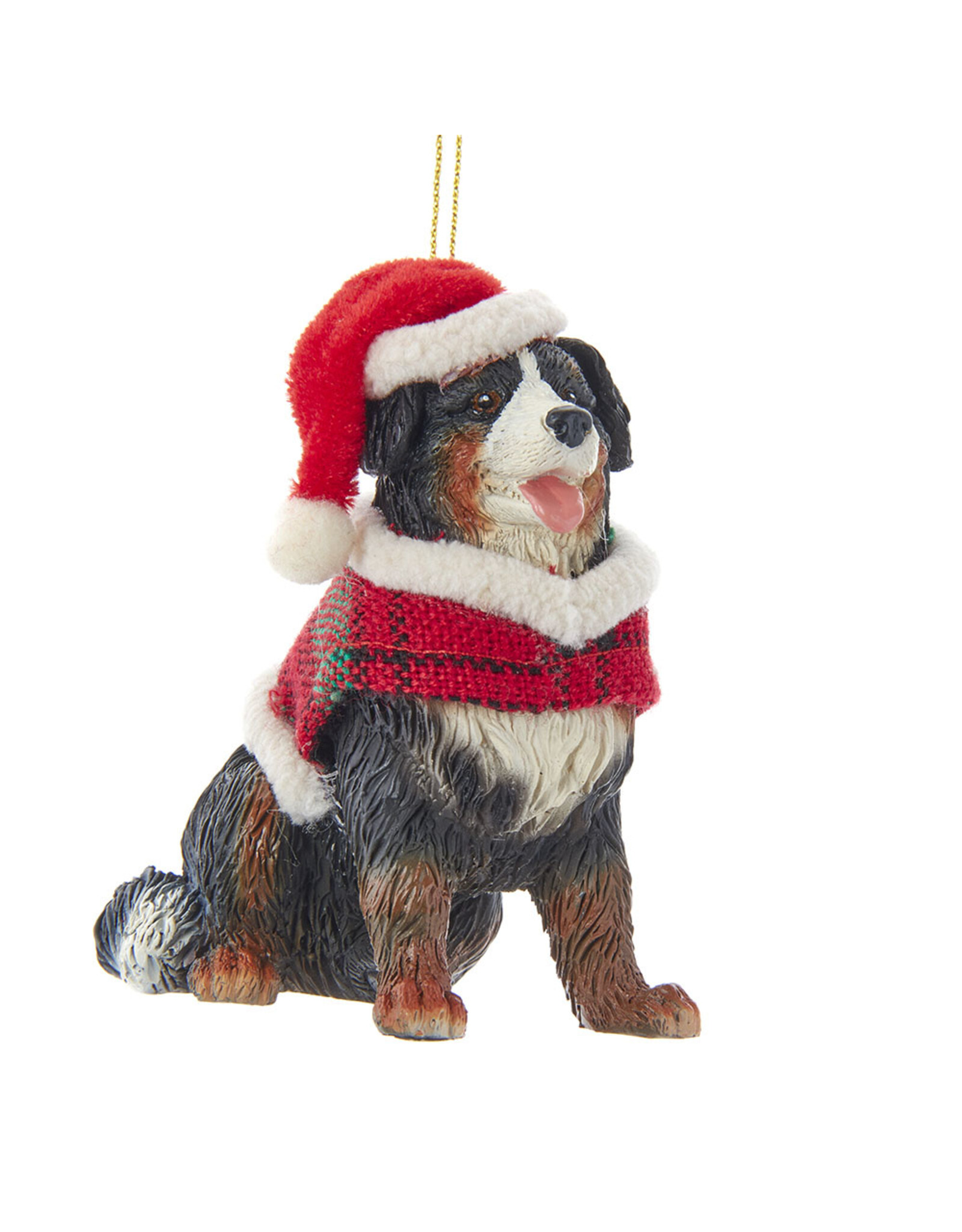Kurt Adler Bernese Mountain Dog With Plaid Coat and Santa Hat Ornament