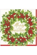 Caspari Christmas Paper Cocktail Napkins 20pk Holly And Berry Wreath