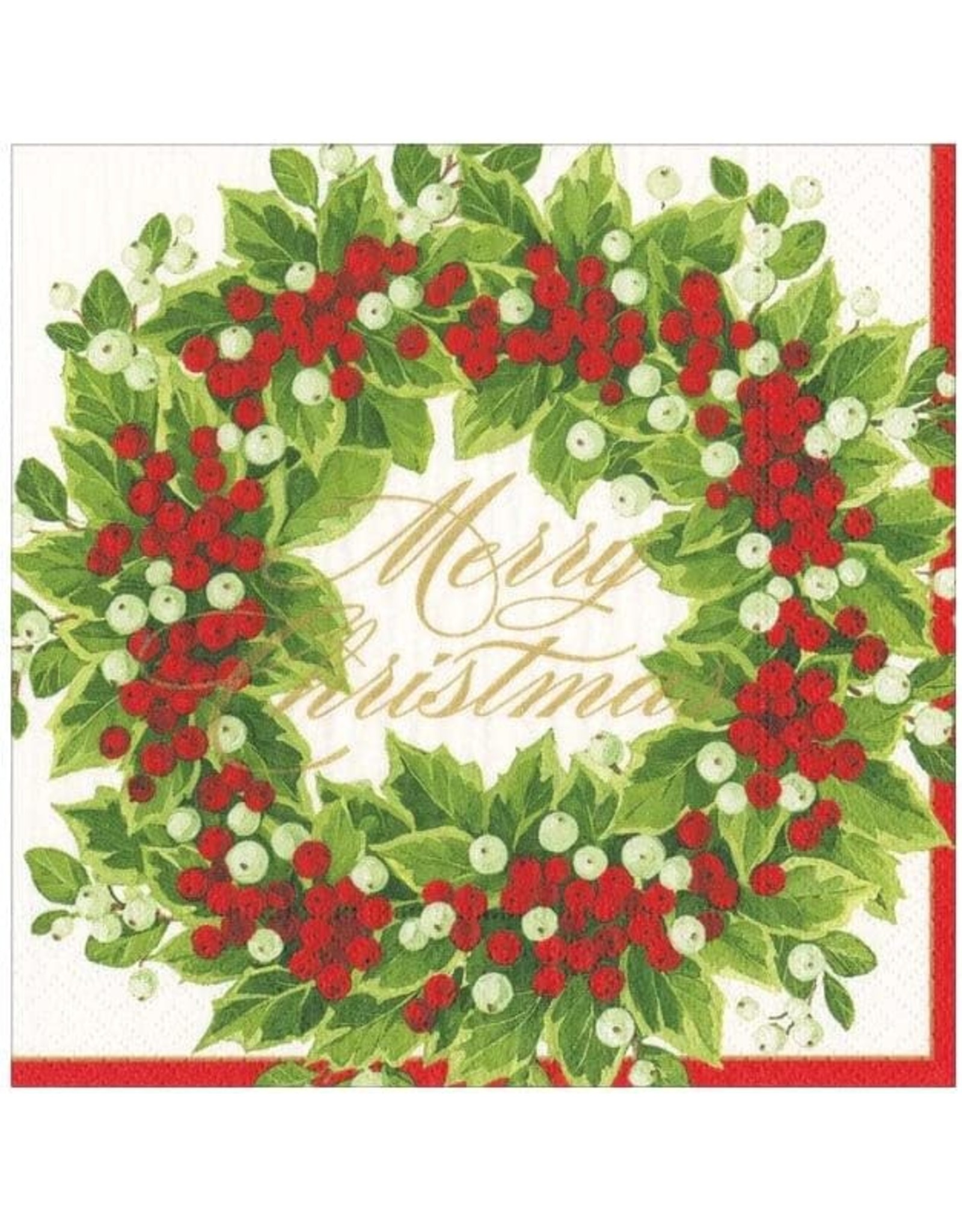 Caspari Christmas Paper Cocktail Napkins 20pk Holly And Berry Wreath