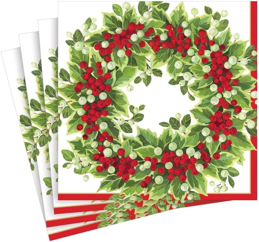 Caspari Christmas Paper Luncheon Napkins 20pk Holly and Berry Wreath