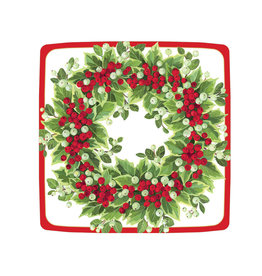 Caspari Christmas Holly Berry Wreath Paper Salad Dessert Plates 8pk Sq