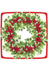 Caspari Christmas Holly Berry Wreath Paper Dinner Plates 8pk Square