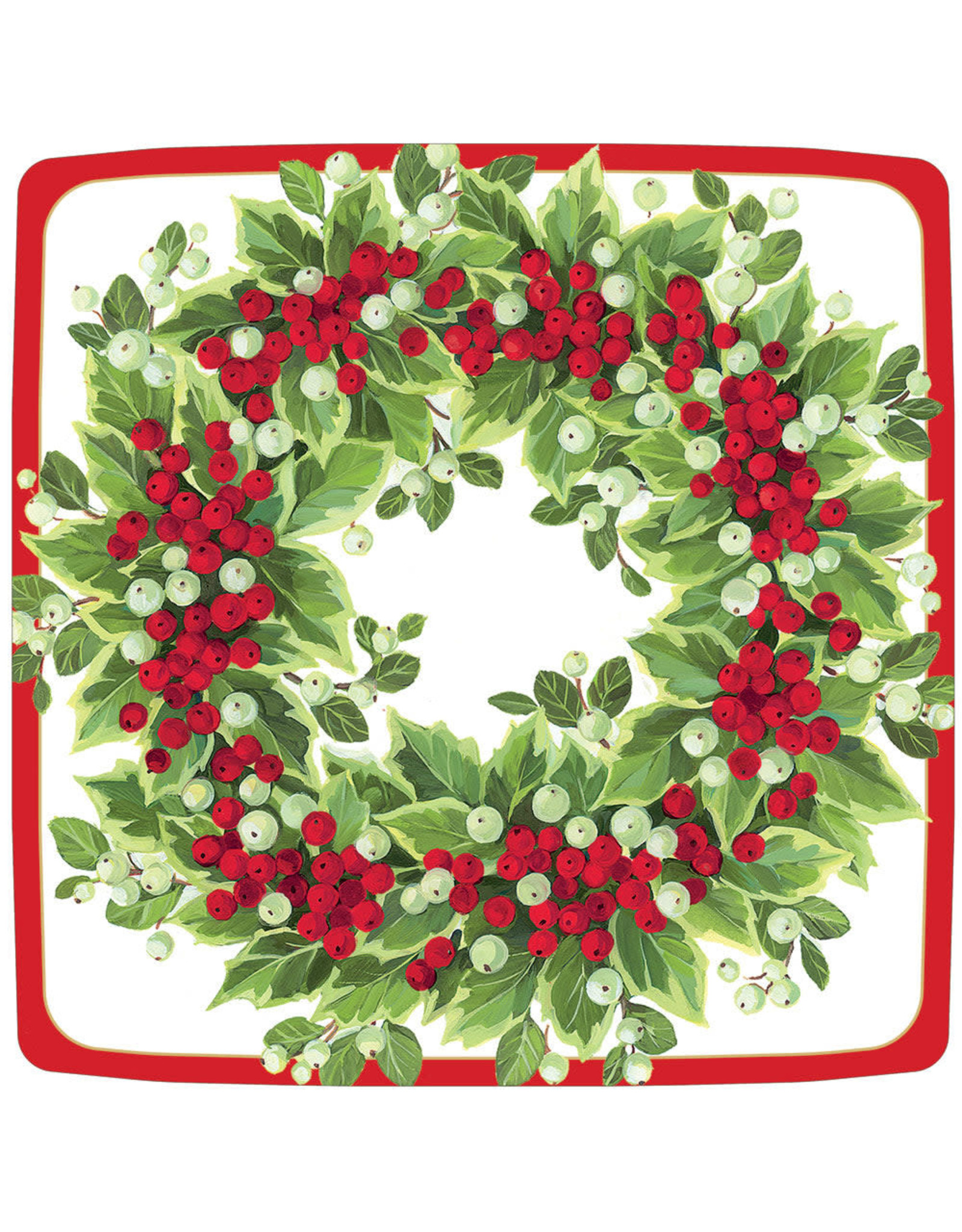 Caspari Christmas Holly Berry Wreath Paper Dinner Plates 8pk Square