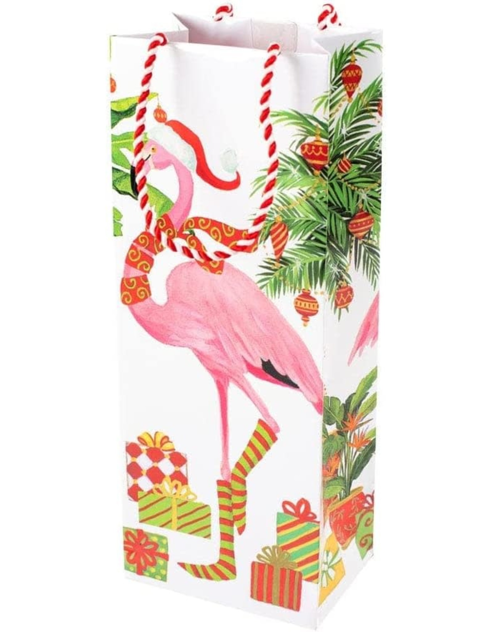 Caspari Christmas Flamingos Wine And Bottle Gift Bag