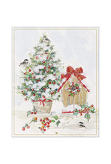 Caspari Boxed Christmas Cards 16pk Winter Tree And Birdhouse