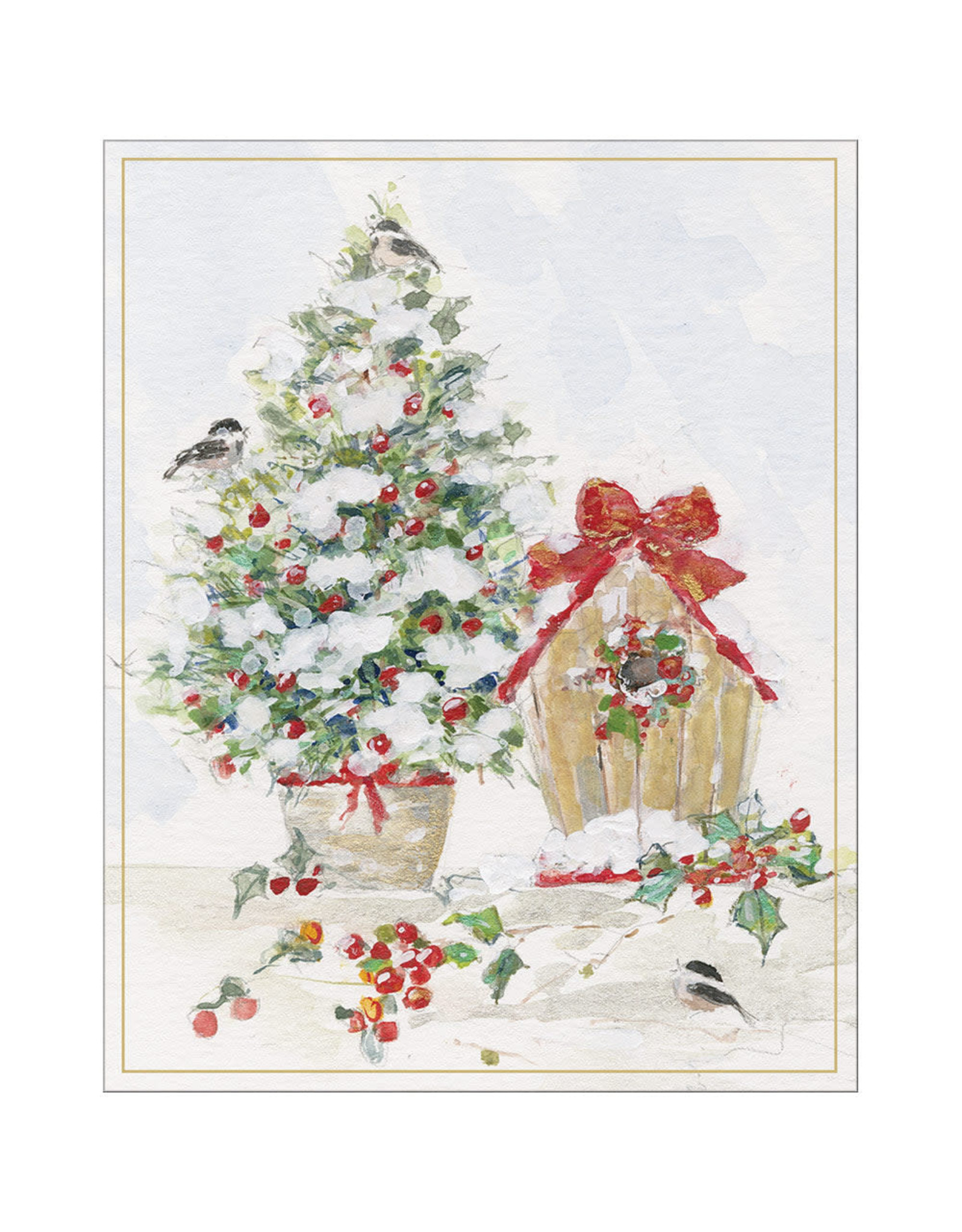 Caspari Boxed Christmas Cards 16pk Winter Tree And Birdhouse