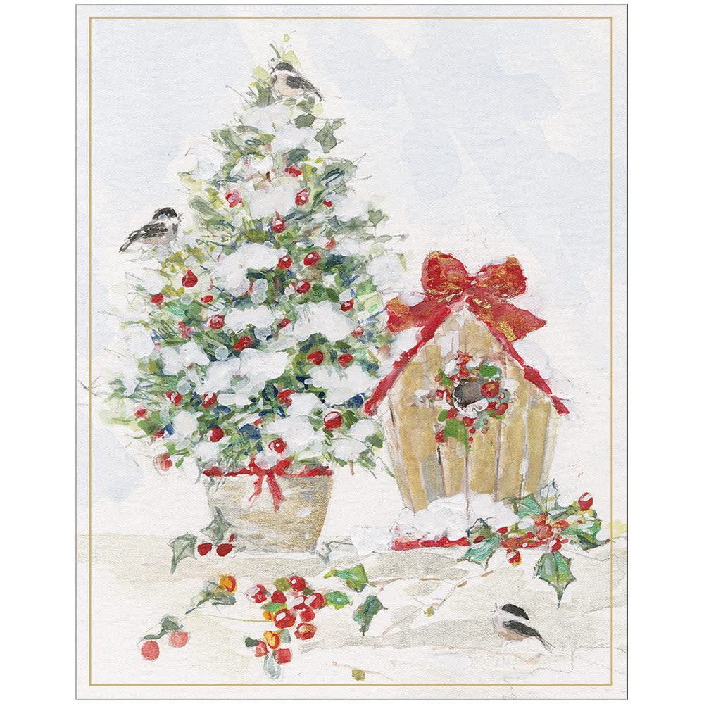 Caspari Boxed Christmas Cards 16pk Winter Tree And Birdhouse - Digs N Gifts