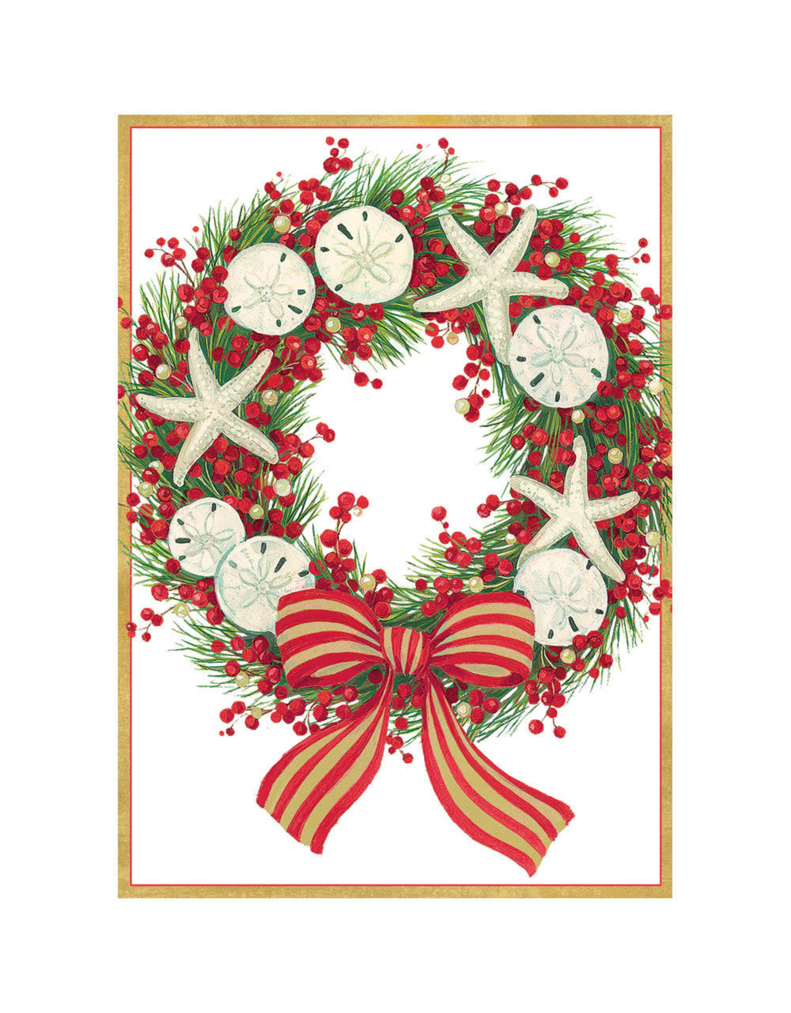 Caspari Boxed Christmas Cards 16pk Coastal Berry Wreath