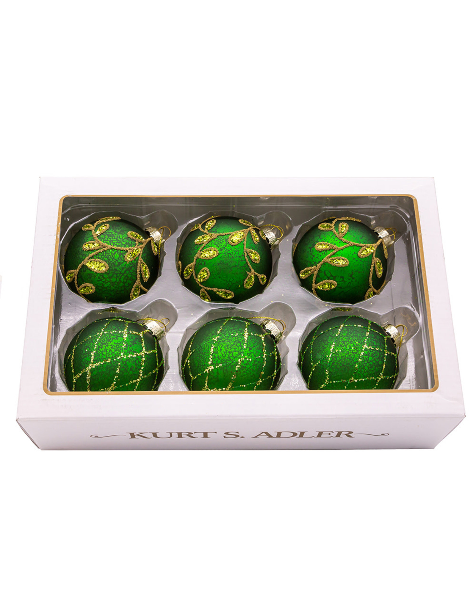 Kurt Adler Gold and Emerald Green 80mm Glass Ball Ornaments 6pc Set