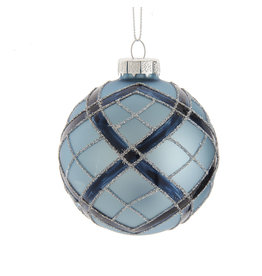 Kurt Adler Plaid Navy and Matte Blue 80mm Glass Ball Ornaments 6pc Set