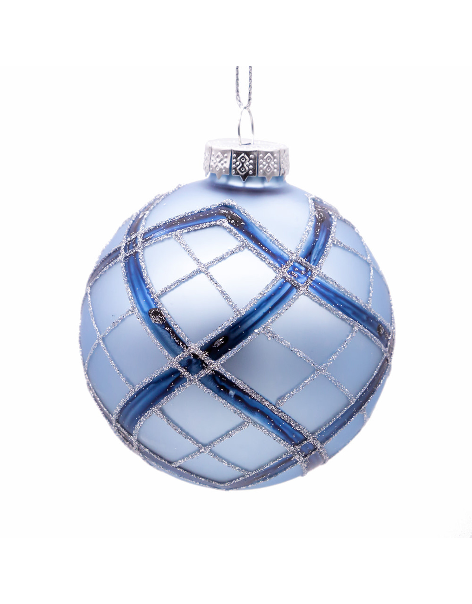 Kurt Adler Plaid Navy and Matte Blue 80mm Glass Ball Ornaments 6pc Set