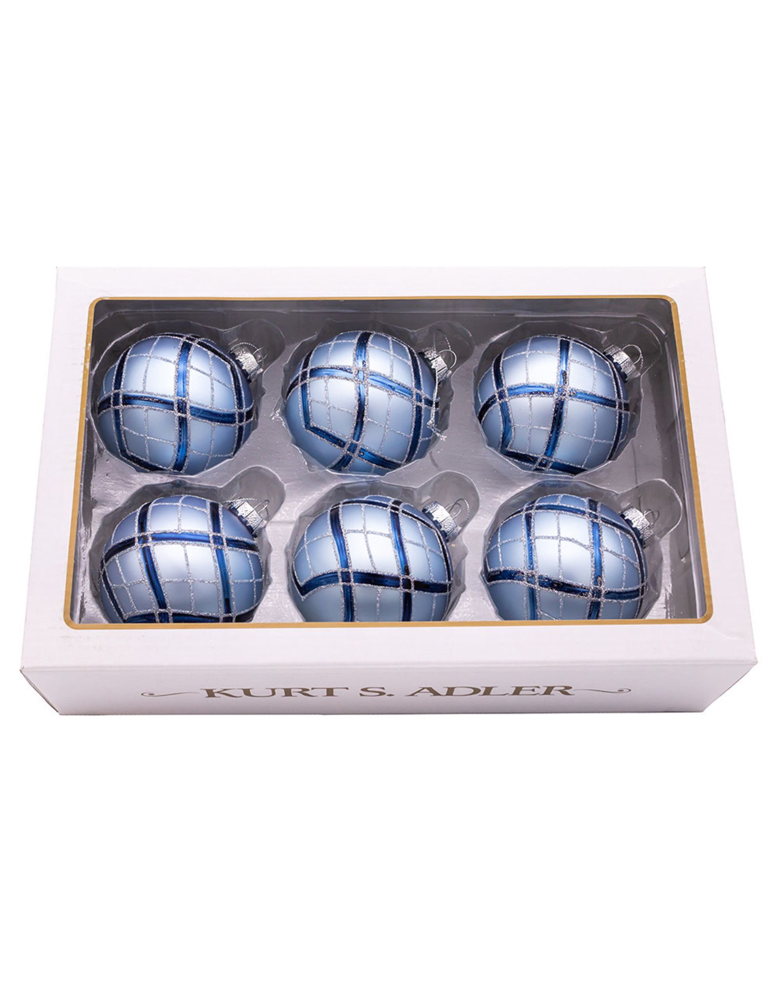 Kurt Adler Plaid Navy and Matte Blue 80mm Glass Ball Ornaments 6pc Set