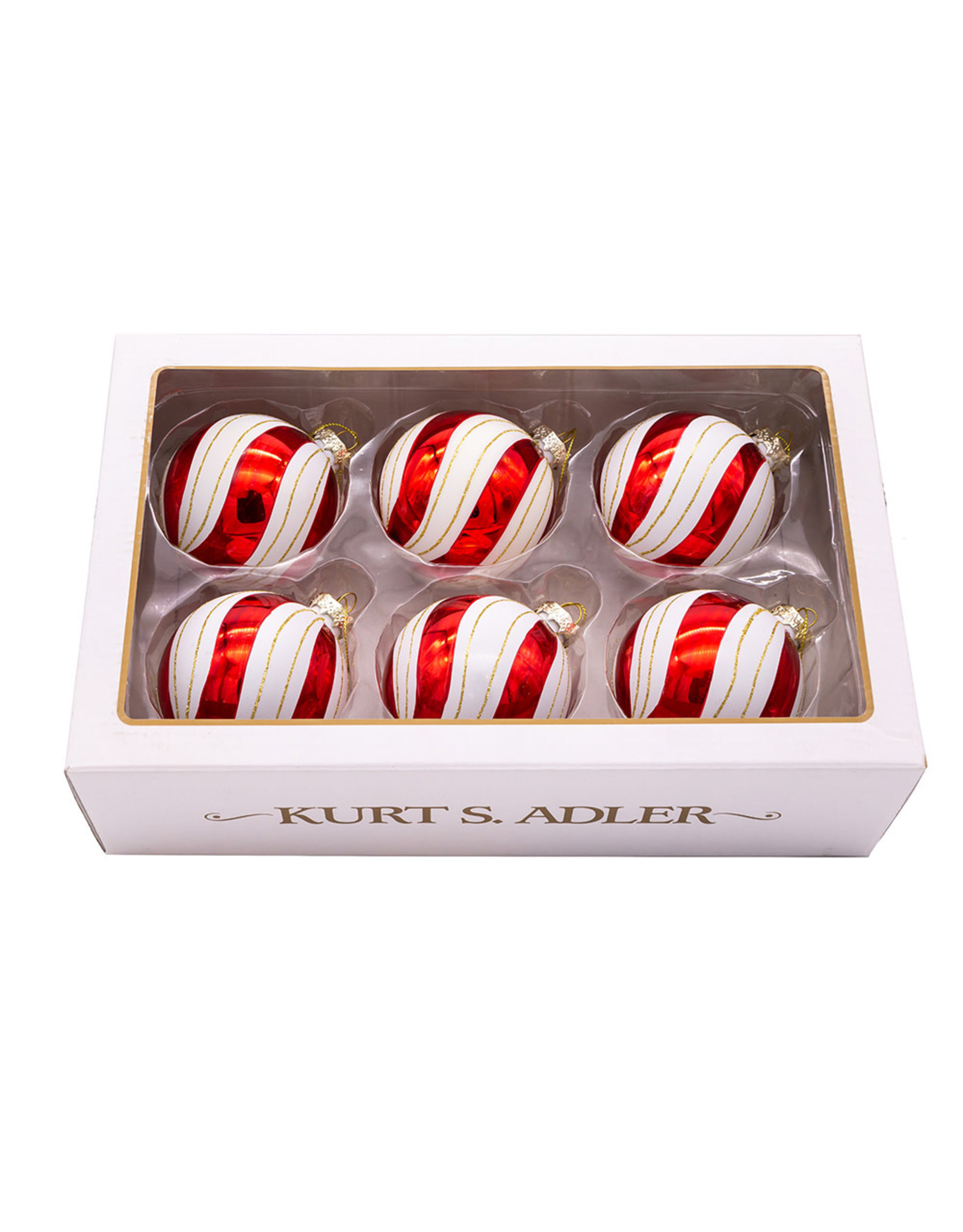 Kurt Adler Gold Red And White Swirl 80mm Glass Ball Ornaments 6pc Set