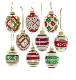 Kurt Adler Glass Red and Green Decorated Egg Ornaments 9pc Set 45mm