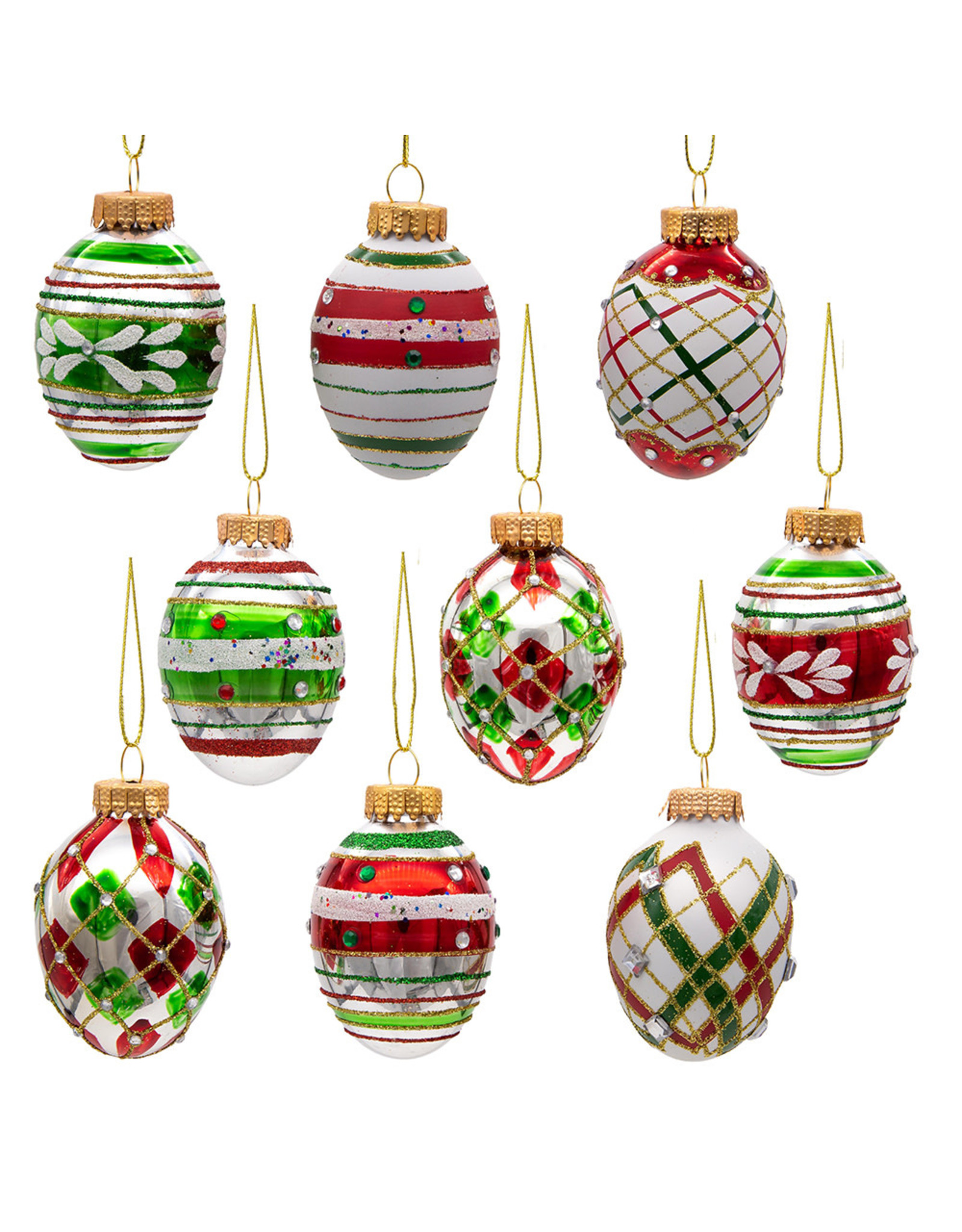 Kurt Adler Glass Red and Green Decorated Egg Ornaments 9pc Set 45mm