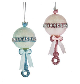 Kurt Adler Nobel Gems Pink Blue Baby Rattle Glass Ornaments 2 Assorted