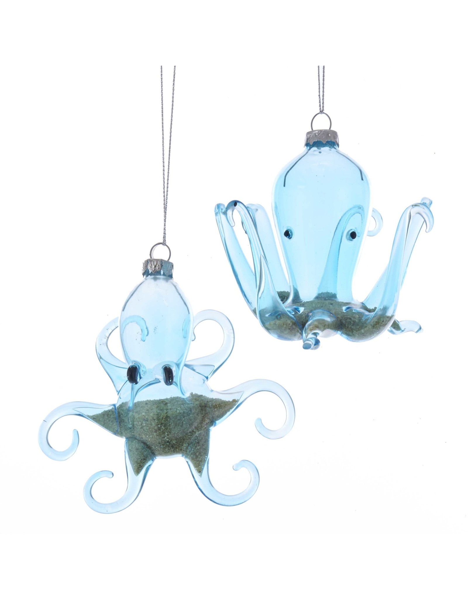 Kurt Adler Octopus Ornament Blue Glass w Beach Sand Inside 2 Assorted
