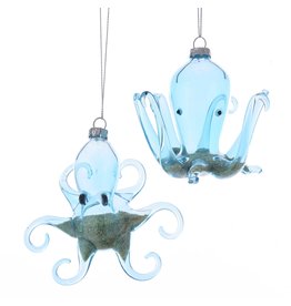 Kurt Adler Octopus Ornament Blue Glass w Beach Sand Inside 2 Assorted